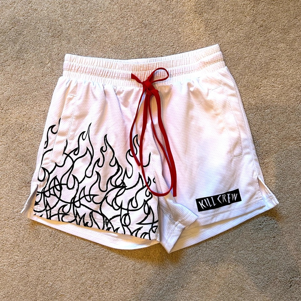 Kill Crew White and Black Flame Athletic Shorts